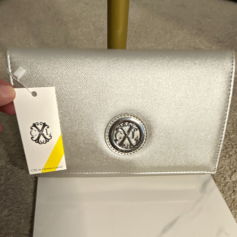 CXL by Christian Lacroix Silver Metallic Caviar Clutch, with detachable chain